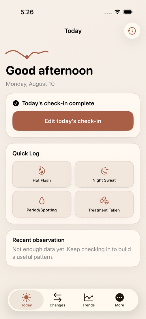 MenoReview Today screen with quick symptom and treatment logging